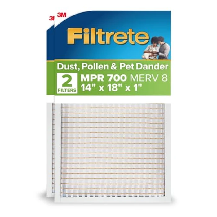 Filtrete 14x18x1 AC Furnace Air Filter, MPR 700, MERV 8, Tough on Pollen, Easy on Airflow, 3-Month Pleated 1-Inch Electrostatic Air Cleaning Filter, 2-Pack (Actual Size 13.81 x 17.81 x 0.81 in) by Filtrete - Image 1