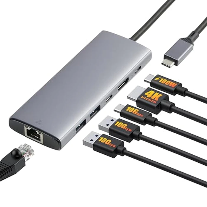 Amazon Basics 6-in-1 USB-C 3.2 (10G) hub, 1 USB-C 100W PD Input, 2 USB-A, 1 USB-C, HDMI 4K, Ethernet by Amazon Basics - Used - Very Good condition - CA$31.76