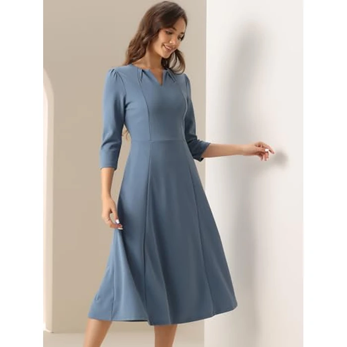 Allegra K Women's 3/4 Sleeve Dresses V Neck Elegant A-Line Work Business Formal Midi Dress with Pockets Medium Gray Blue by Allegra K - Image 8