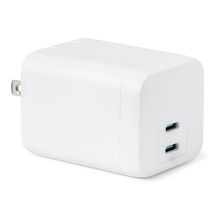 Amazon Basics Fast Charging USB C Nano GaN Wall Charger, 65W 2-Port for Laptops, Tablets, Phones, White by Amazon Basics - Used - Good condition - CA$21.32