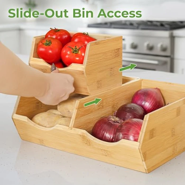 HOMESTEAD Bamboo Pantry Storage Bins - Potato & Onion Storage Bin for Pantry Organizers, Produce Organizer Set of 3 - Slide out Bin Access by HOMESTEAD - Image 5