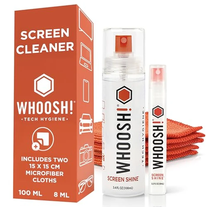 WHOOSH! Screen Shine Duo - Screen Cleaner Spray for iPad, Monitor, Laptop, MacBook - 3.4 oz & 0.3 oz Bottles with 2 Microfiber Cloths - Portable Electronic Cleaning Kit for Travel, Office, and Home by WHOOSH - Used - Like New condition - US$15.85