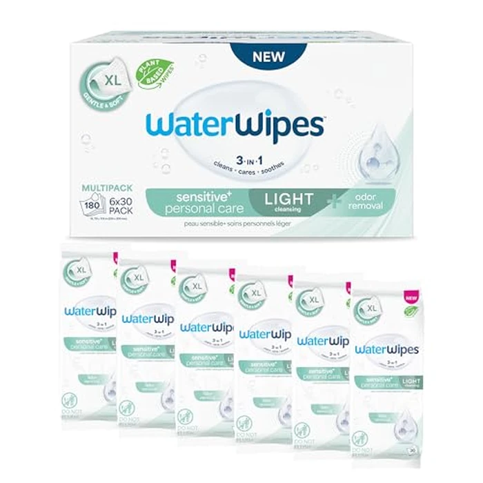 WaterWipes Sensitive Personal Care Light, Incontinence Wipes, Odor Removal, XL Textured Wipes, Fragrance Free, 180 Count (6 Packs) by WaterWipes - Used - Like New condition