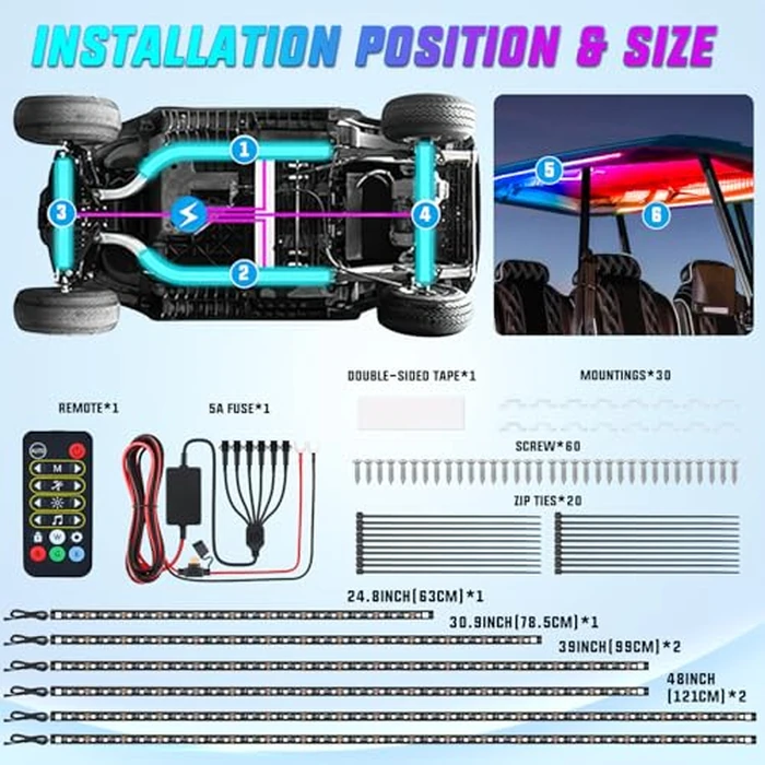 Nilight 6PCS Golf Cart Underbody Light Kit with Canopy Lights Dream Color Multi-Mode Neon Accent Lighting APP Remote Control Sound Active Music Sync IP67 Waterproof 12V-66V for EZGO Yamaha Club Car by Nilight - Image 9
