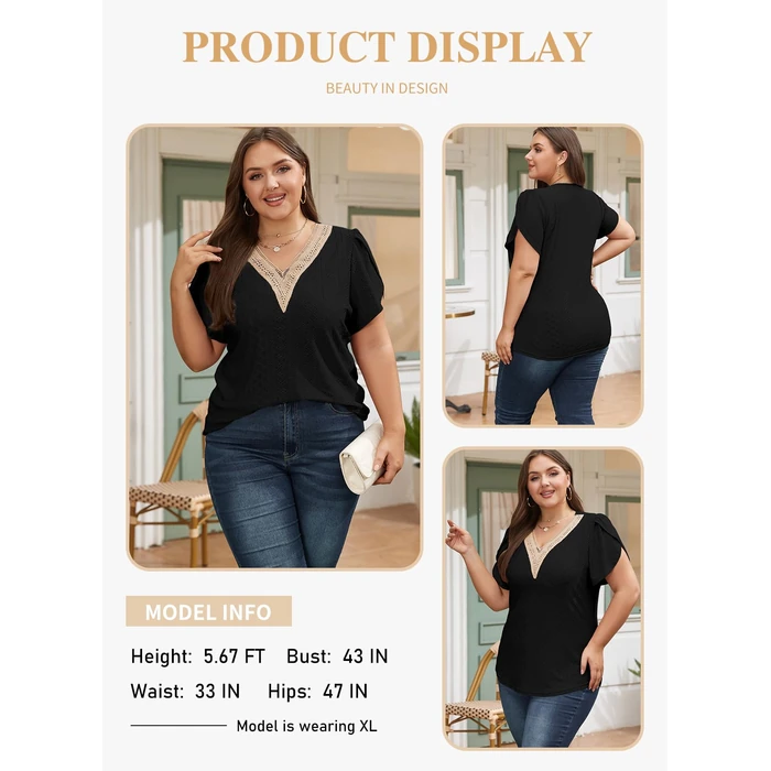 Eytino Plus Size Tops for Women Casual V Neck Petal Short Sleeve T Shirts Summer Hollow Blouses,3X Black by Eytino - Image 3