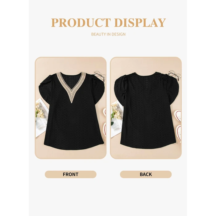 Eytino Plus Size Tops for Women Casual V Neck Petal Short Sleeve T Shirts Summer Hollow Blouses,3X Black by Eytino - Image 4