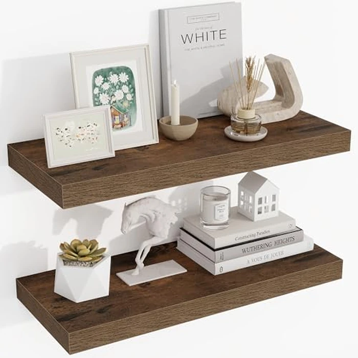 Acovy 24 Inch Floating Shelves, 3D Textured 24"x9.25"x1.5" Inch Deep Floating Shelves for Wall, Wooden Shelves for Bathroom, Bedroom, Living Room, Brown, 2 Pieces by Acovy - Used - Like New condition