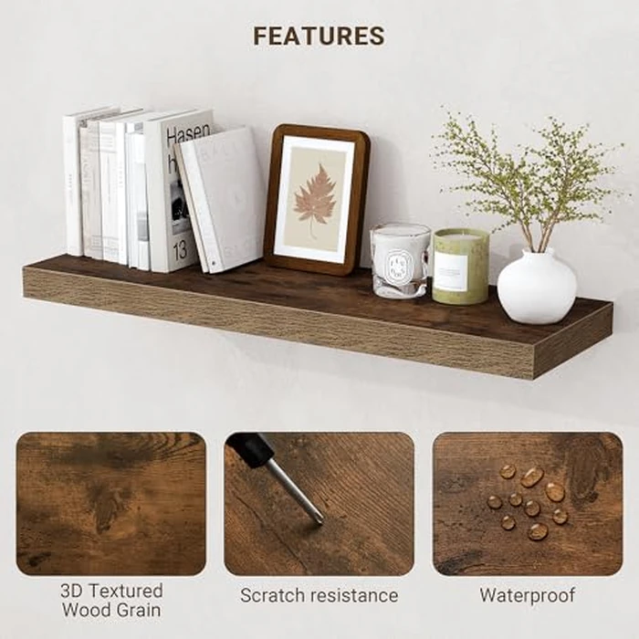 Acovy 24 Inch Floating Shelves, 3D Textured 24"x9.25"x1.5" Inch Deep Floating Shelves for Wall, Wooden Shelves for Bathroom, Bedroom, Living Room, Brown, 2 Pieces by Acovy - Image 4