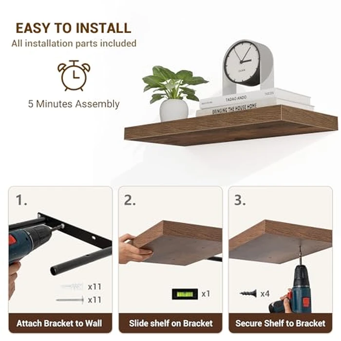 Acovy 24 Inch Floating Shelves, 3D Textured 24"x9.25"x1.5" Inch Deep Floating Shelves for Wall, Wooden Shelves for Bathroom, Bedroom, Living Room, Brown, 2 Pieces by Acovy - Image 5