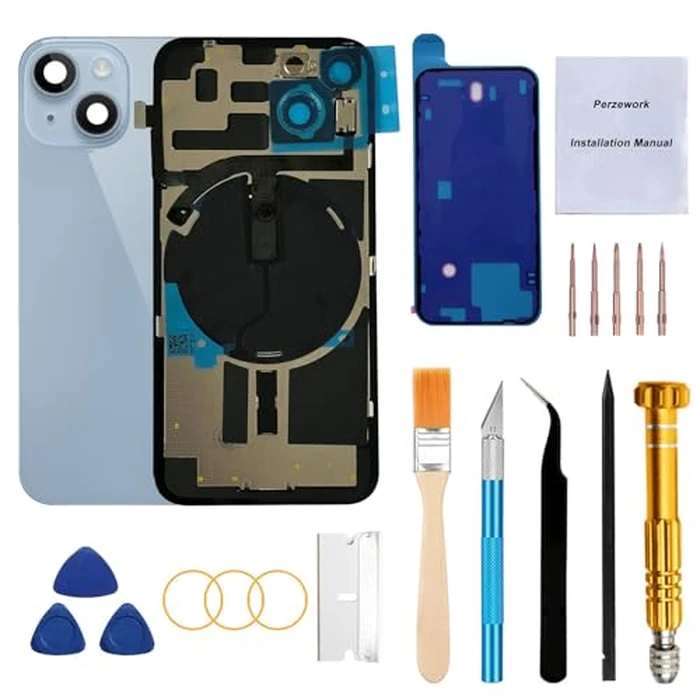 Perzework Rear Back Glass Replacement for iPhone 14 Plus 6.7-inches with Reparing Toolkit and All Necessary Parts (Blue) by Perzework - Image 1
