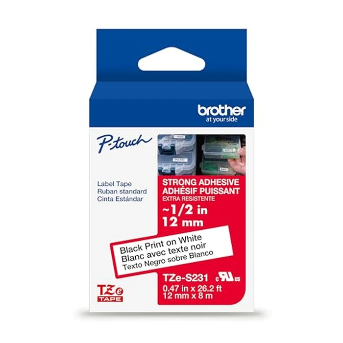 Brother Genuine TZe-S231 Black on White Laminated Tape for TZe-Compatible P-Touch Label Makers, 12 mm Wide x 8 m Long by Brother - Image 1