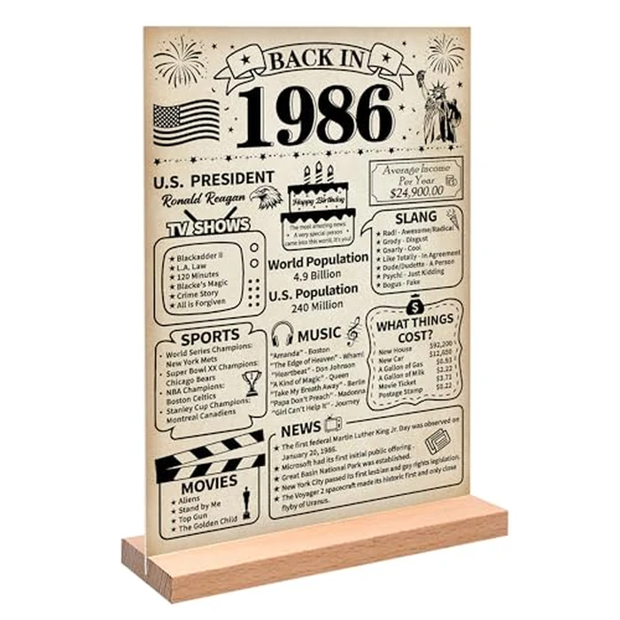 Roetyce 40th Birthday Decorations Gift for Women Men, Retro Back in 1986 Poster Acrylic Sign Centerpiece with Stand, Vintage 40th Anniversary Table Decor, Funny 40 Years Old Birthday Party Supplies by Roetyce - Image 1