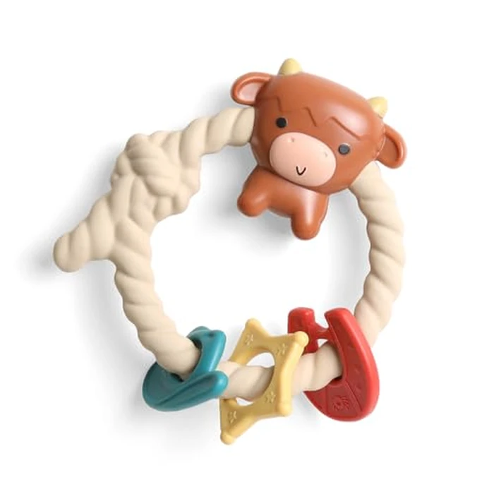 Itzy Ritzy Silicone Teether with Rattle; Rattle Teether Features Rattle Sound, Three Silicone Teething Rings and Raised Texture to Soothe Gums; Ages 3 Months and Up (Highland Cow) by Itzy Ritzy - Image 1