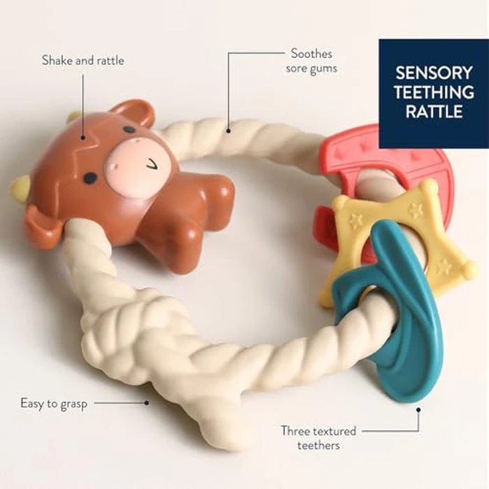 Itzy Ritzy Silicone Teether with Rattle; Rattle Teether Features Rattle Sound, Three Silicone Teething Rings and Raised Texture to Soothe Gums; Ages 3 Months and Up (Highland Cow) by Itzy Ritzy - Image 3