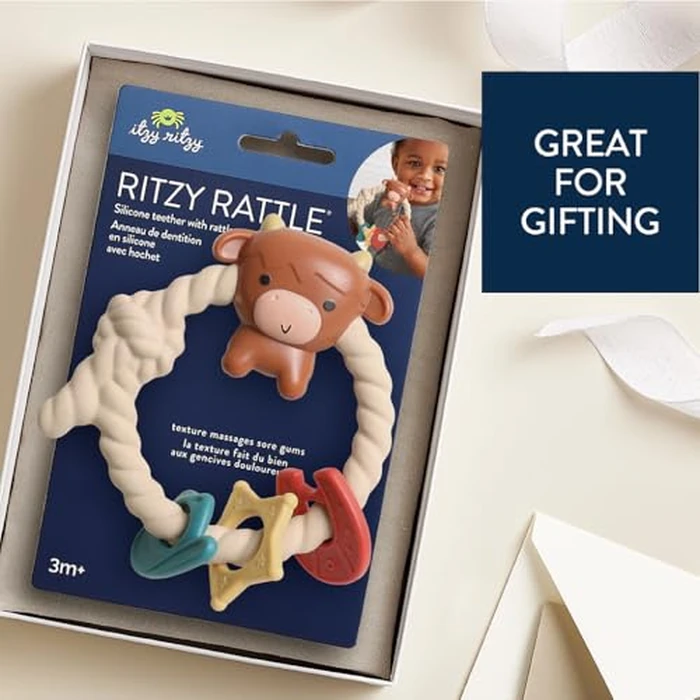 Itzy Ritzy Silicone Teether with Rattle; Rattle Teether Features Rattle Sound, Three Silicone Teething Rings and Raised Texture to Soothe Gums; Ages 3 Months and Up (Highland Cow) by Itzy Ritzy - Image 4