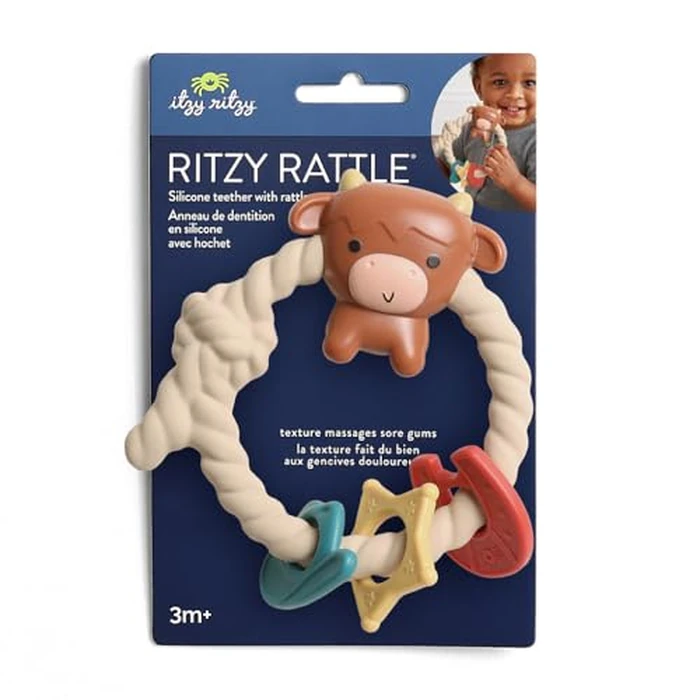 Itzy Ritzy Silicone Teether with Rattle; Rattle Teether Features Rattle Sound, Three Silicone Teething Rings and Raised Texture to Soothe Gums; Ages 3 Months and Up (Highland Cow) by Itzy Ritzy - Image 6