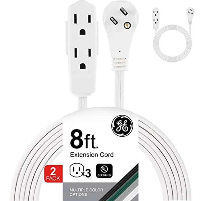 GE 3-Outlet Flat Extension Cord 8 Ft Grounded Extension Cord with Multiple Outlets 3 Prong Outlet Extender Flat Plug Power Strip Indoor 16 Gauge UL Listed 2 Pack White 57366 by GE - Image 1
