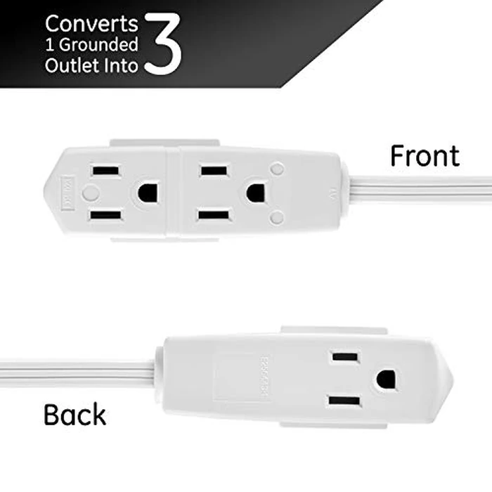 GE 3-Outlet Flat Extension Cord 8 Ft Grounded Extension Cord with Multiple Outlets 3 Prong Outlet Extender Flat Plug Power Strip Indoor 16 Gauge UL Listed 2 Pack White 57366 by GE - Image 3