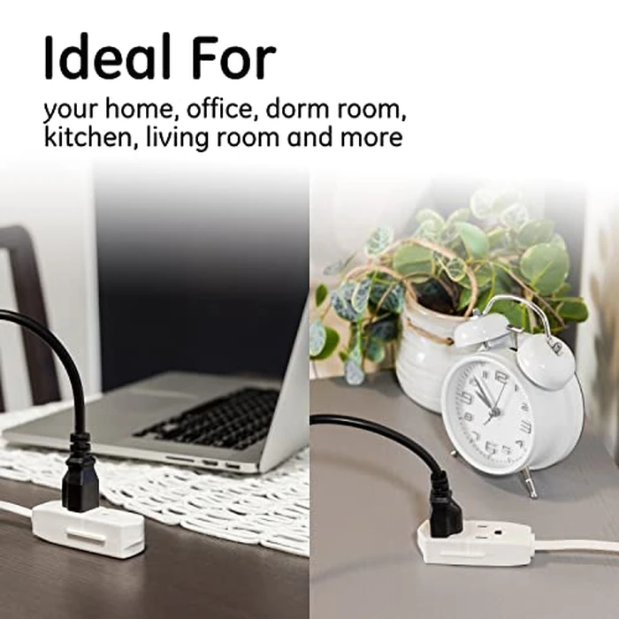 GE 3-Outlet Flat Extension Cord 8 Ft Grounded Extension Cord with Multiple Outlets 3 Prong Outlet Extender Flat Plug Power Strip Indoor 16 Gauge UL Listed 2 Pack White 57366 by GE - Image 7