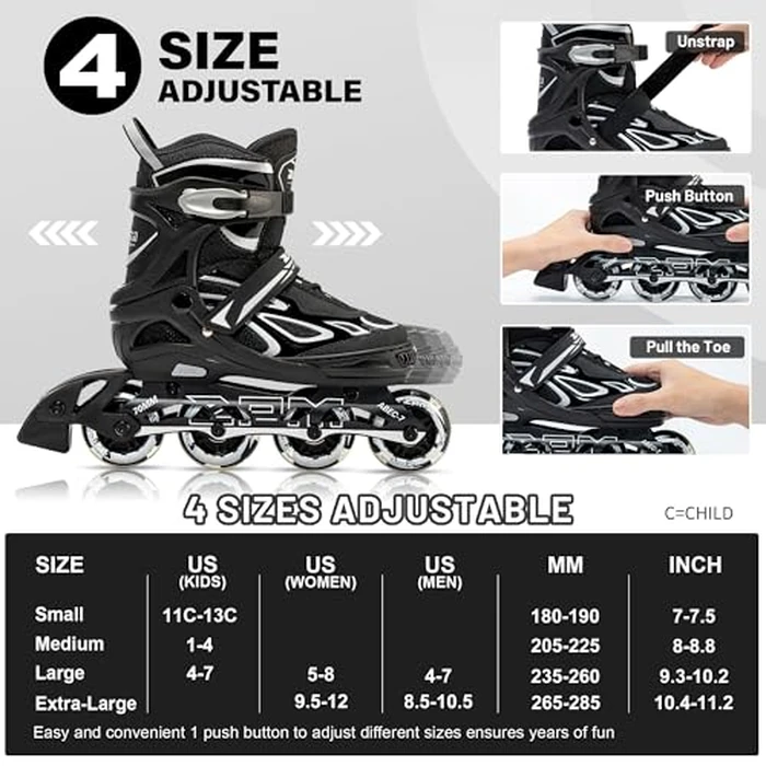 2PM SPORTS Vinal Inline Skates for Men with Light Up Wheels Adjustable Roller Women, Illuminating Outdoor Roller Skates for Kids and Adults - Silver XL by 2PM SPORTS - Image 2