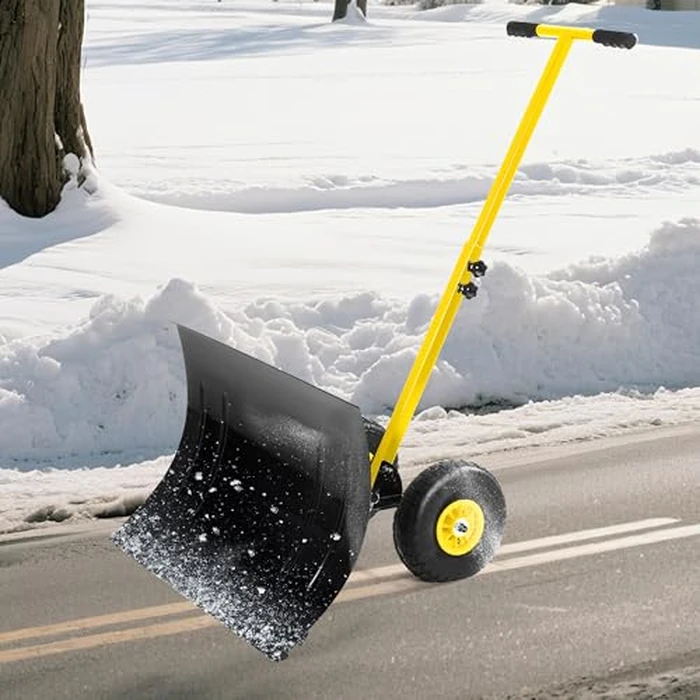 29.1''W x 19.8''H Snow Shovel with Wheels - Adjustable Height Angle Rubber Handle, Ergonomic Snow Pusher Shovel with Snow Removal for Driveways & Sidewalks (Black Blade, Yellow Handle & Wheels) by GarveeLife - Used - Good condition - CA$44.87