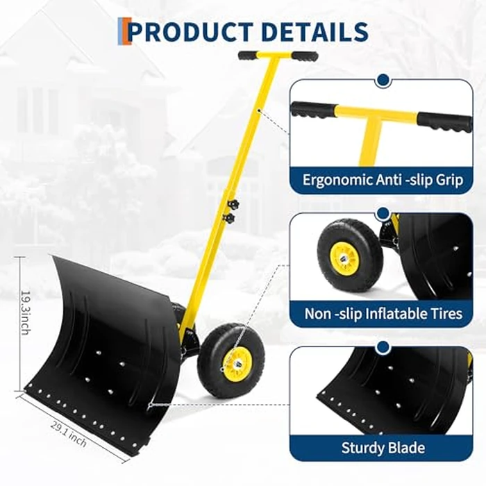 29.1''W x 19.8''H Snow Shovel with Wheels - Adjustable Height Angle Rubber Handle, Ergonomic Snow Pusher Shovel with Snow Removal for Driveways & Sidewalks (Black Blade, Yellow Handle & Wheels) by GarveeLife - Image 4