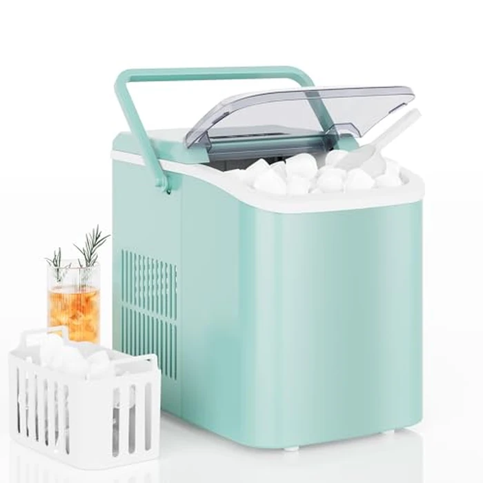 DUMOS Countertop Ice Maker with Handle, 26lbs/24H Portable Ice Machine, 9 Bullet Cubes Ready in 6 Mins, Self-Cleaning, Quiet Compact for Home, Kitchen, RV, Camping, Green by DUMOS - Image 1