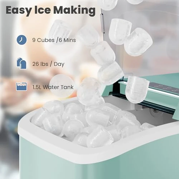 DUMOS Countertop Ice Maker with Handle, 26lbs/24H Portable Ice Machine, 9 Bullet Cubes Ready in 6 Mins, Self-Cleaning, Quiet Compact for Home, Kitchen, RV, Camping, Green by DUMOS - Image 2