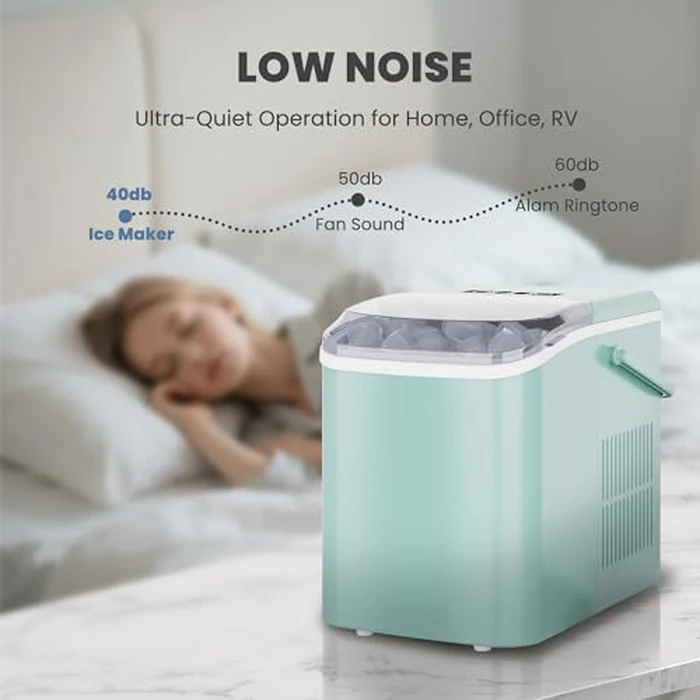 DUMOS Countertop Ice Maker with Handle, 26lbs/24H Portable Ice Machine, 9 Bullet Cubes Ready in 6 Mins, Self-Cleaning, Quiet Compact for Home, Kitchen, RV, Camping, Green by DUMOS - Image 4