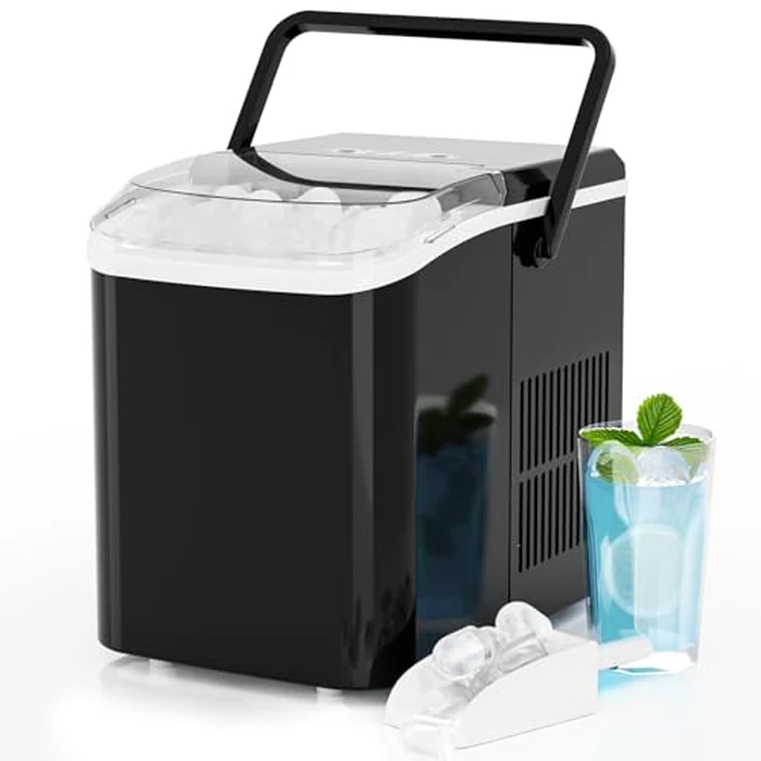 KMFurnila Ice Makers Countertop, Portable Ice Machine with Handle, 6 Mins 9 Bullet Ice Cubes with Basket and Scoop, 26lbs in 24Hrs, Auto-Cleaning, for Home, Kitchen, RV, Camping, Black by KMFurnila - Image 1