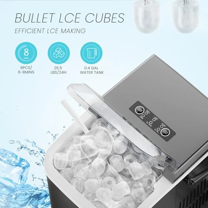 KMFurnila Ice Makers Countertop, Portable Ice Machine with Handle, 6 Mins 9 Bullet Ice Cubes with Basket and Scoop, 26lbs in 24Hrs, Auto-Cleaning, for Home, Kitchen, RV, Camping, Black by KMFurnila - Image 3