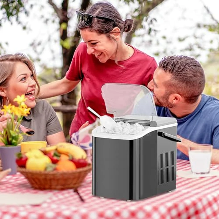 KMFurnila Ice Makers Countertop, Portable Ice Machine with Handle, 6 Mins 9 Bullet Ice Cubes with Basket and Scoop, 26lbs in 24Hrs, Auto-Cleaning, for Home, Kitchen, RV, Camping, Black by KMFurnila - Image 5