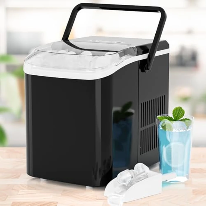 KMFurnila Ice Makers Countertop, Portable Ice Machine with Handle, 6 Mins 9 Bullet Ice Cubes with Basket and Scoop, 26lbs in 24Hrs, Auto-Cleaning, for Home, Kitchen, RV, Camping, Black by KMFurnila - Image 7