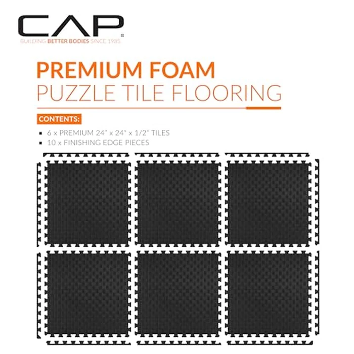 CAP Barbell 1/2-Inch Interlocking EVA Foam Exercise Puzzle Mat Home Gym Flooring - 1 Pack | 24" x 24" x 1/2" | Tatami Pattern - Black by CAP Barbell - Image 2
