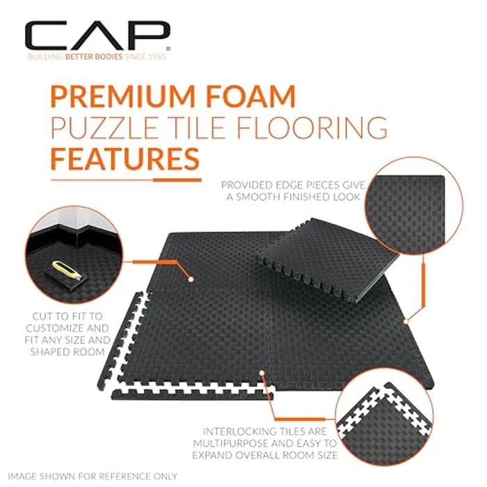 CAP Barbell 1/2-Inch Interlocking EVA Foam Exercise Puzzle Mat Home Gym Flooring - 1 Pack | 24" x 24" x 1/2" | Tatami Pattern - Black by CAP Barbell - Image 3