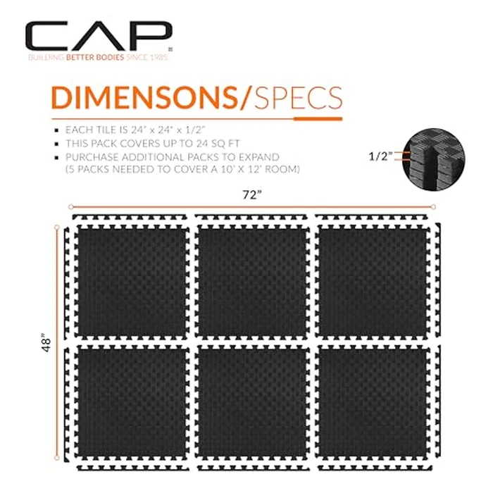 CAP Barbell 1/2-Inch Interlocking EVA Foam Exercise Puzzle Mat Home Gym Flooring - 1 Pack | 24" x 24" x 1/2" | Tatami Pattern - Black by CAP Barbell - Image 4