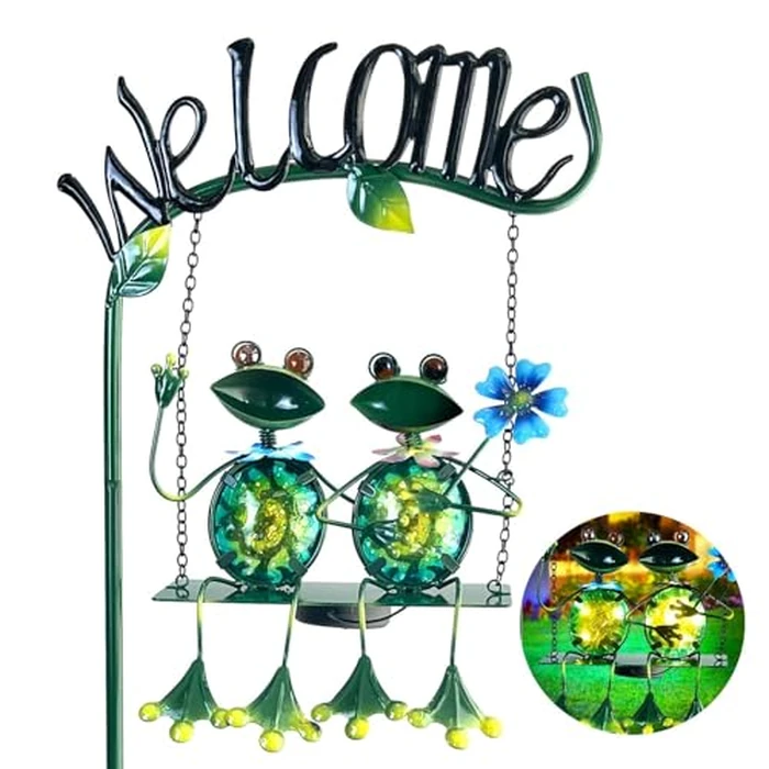 HONGLAND Solar Lights Outdoor Waterproof, Frog Swing Garden Decor, Frog Decorative Stake with Welcome Sign Landscape Patio Yard Gifts for Women Mom (48 inch) by HONGLAND - Image 1