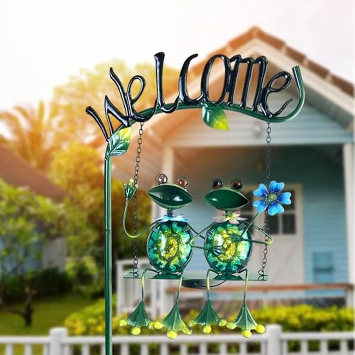 HONGLAND Solar Lights Outdoor Waterproof, Frog Swing Garden Decor, Frog Decorative Stake with Welcome Sign Landscape Patio Yard Gifts for Women Mom (48 inch) by HONGLAND - Image 5