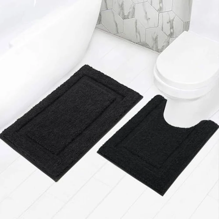 SHACOS Black Bathroom Rugs Set of 2 Pieces with U Shaped Toilet Rug Soft Absorbent Bath Mats Non Slip Washable Bathroom Mats 20"x24"+20"x32" by SHACOS - Used - Very Good condition - US$19.02