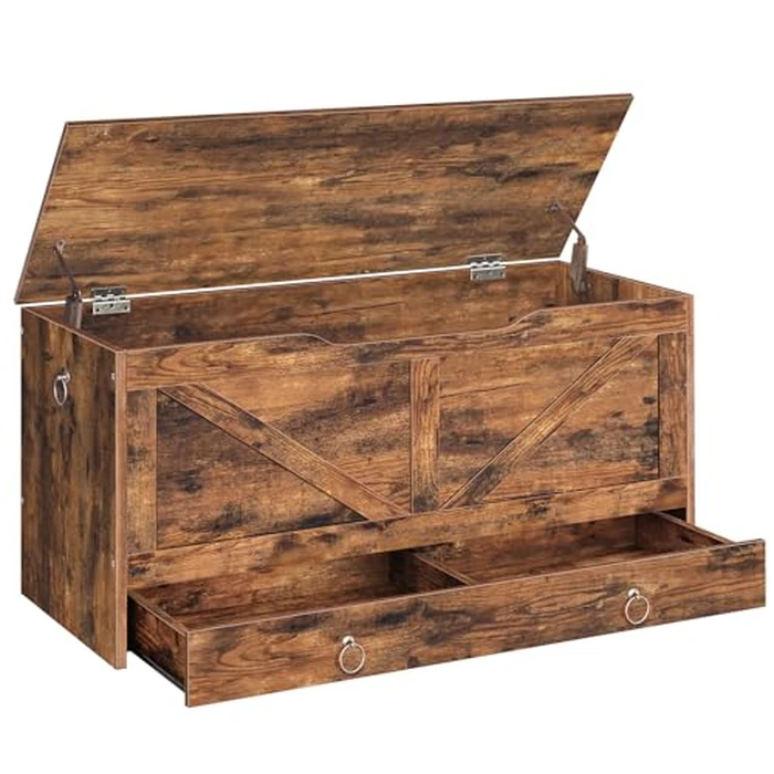 HOOBRO Storage Chest, 100 cm Toy Chest with Drawer, Wooden Storage Bench, Sturdy Entryway Bench Supports 100 kg, Shoe Bench, Safety Hinge, U-Shaped Opening, Easy Assembly, Rustic Brown FG710CW01G1 by HOOBRO - Image 1