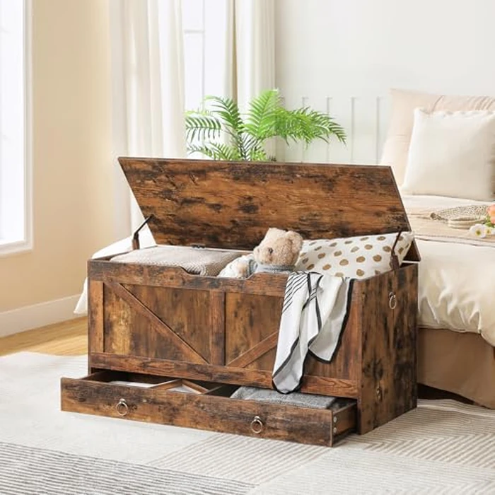 HOOBRO Storage Chest, 100 cm Toy Chest with Drawer, Wooden Storage Bench, Sturdy Entryway Bench Supports 100 kg, Shoe Bench, Safety Hinge, U-Shaped Opening, Easy Assembly, Rustic Brown FG710CW01G1 by HOOBRO - Image 2