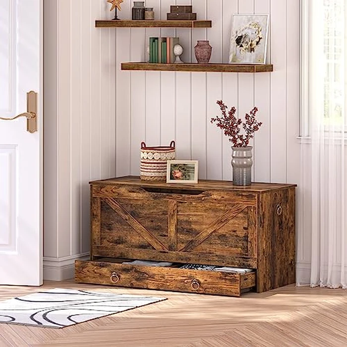 HOOBRO Storage Chest, 100 cm Toy Chest with Drawer, Wooden Storage Bench, Sturdy Entryway Bench Supports 100 kg, Shoe Bench, Safety Hinge, U-Shaped Opening, Easy Assembly, Rustic Brown FG710CW01G1 by HOOBRO - Image 3