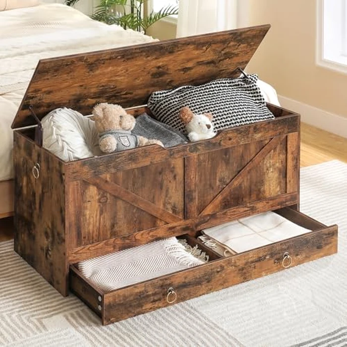 HOOBRO Storage Chest, 100 cm Toy Chest with Drawer, Wooden Storage Bench, Sturdy Entryway Bench Supports 100 kg, Shoe Bench, Safety Hinge, U-Shaped Opening, Easy Assembly, Rustic Brown FG710CW01G1 by HOOBRO - Image 5