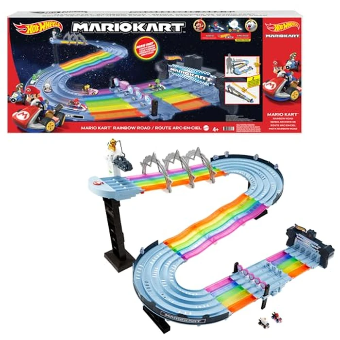 Hot Wheels Mario Kart Rainbow Road Raceway 8-Foot Track Set with Lights & Sounds & 2 1:64 Scale Vehicles, Race with 5-Track Colorful Course with 2 Configurations, Toy for Kids Ages 4 Years Old & Up by Hot Wheels - Used - Very Good condition