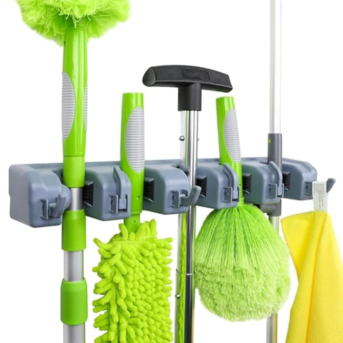 Amazon Basics Rectangular Heavy Duty Wall Mount Broom and Mop Holder, Sturdy Tool Organizer with Hooks and Slots for Garage, Garden, Laundry, Kitchen Organization, 2.36 x 16.9 x 3.35 in, Gray by Amazon Basics - Used - Like New condition