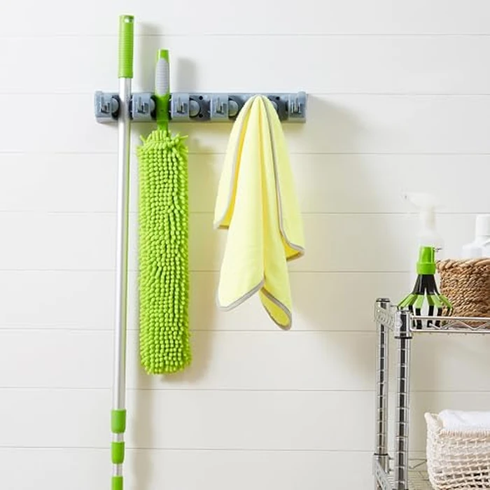 Amazon Basics Rectangular Heavy Duty Wall Mount Broom and Mop Holder, Sturdy Tool Organizer with Hooks and Slots for Garage, Garden, Laundry, Kitchen Organization, 2.36 x 16.9 x 3.35 in, Gray by Amazon Basics - Image 5