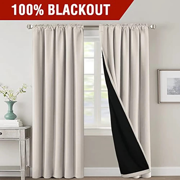 100% Blackout Curtains for Bedroom with Black Liner Full Room Darkening Curtains 96 Inches Long Thermal Insulated Back Tab/Rod Pocket Window Treatment Drapes for Living Room, Stone, 2 Panels by H.VERSAILTEX - Image 2