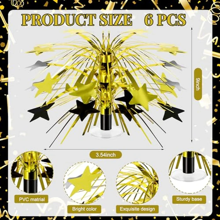 Memorywuu 6 Pcs Black and Gold Centerpieces for Tables Star Party Decorations Metallic Foil Spray Centerpieces for Graduation Birthday Event Photo Booth Props, 8.7 Inch Tall by Memorywuu - Image 3