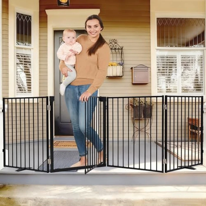 104" Dog Gate Extra Wide, Heavy Duty Metal Freestanding Dog Gate with Door for Indoor & Outdoor, Foldable Pet Fence for Doorways,House,Porch,Deck,Yard,Stairs, Auto Close(4 Panels,Black) by Furggis - Image 1