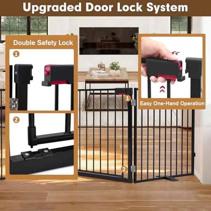 104" Dog Gate Extra Wide, Heavy Duty Metal Freestanding Dog Gate with Door for Indoor & Outdoor, Foldable Pet Fence for Doorways,House,Porch,Deck,Yard,Stairs, Auto Close(4 Panels,Black) by Furggis - Image 3